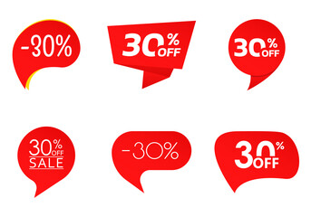 30% sale or discount tag or sticker set. 30 percent price off badge or label collection. Promotion, ad banner, promo coupon design element. Vector illustration.