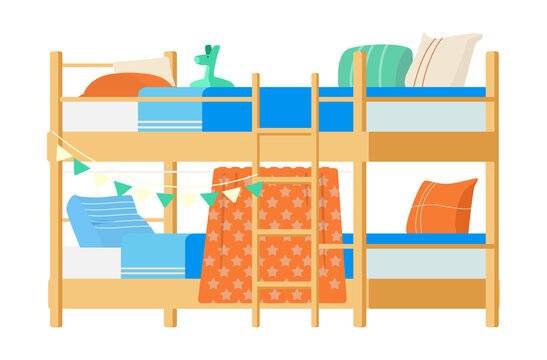 Wooden Bunk Bed With Pillows, Toys  And Decorations. Kid's Room Furniture Flat Vector Illustration. Isolated On White.