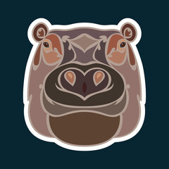 Hand-drawn abstract portrait of a hippo. Sticker. Colorful vector stylized illustration isolated on dark blue background.