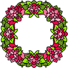 Abstract mandala frame. Asian floral pattern. Pink flower and green leaves background. Vector illustration.