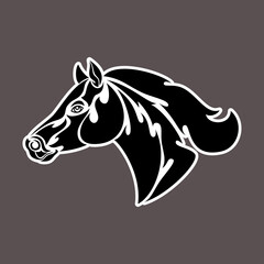 Hand-drawn abstract portrait of a horse. Sticker. Vector stylized illustration isolated on dark background.