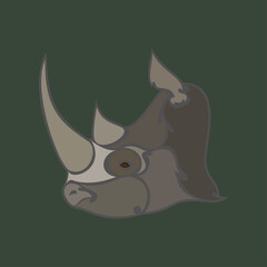 Hand-drawn abstract portrait of a rhinoceros for tattoo, logo, wall decor, T-shirt print design or outwear. Colorful vector stylized illustration on green background.
