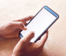 hand holding smart phone with white screen	
