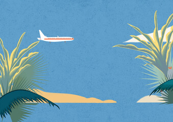 Illustration of a white plane flying over the desert
