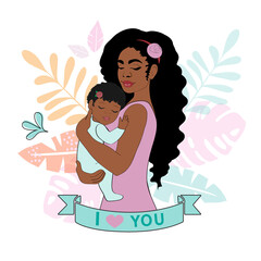 Beautiful vector illustration of a happy afro american woman holding a baby on a white background. Happy family concept
