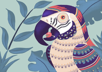 Colorful parrot with cherry in its mouth