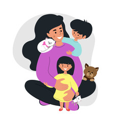 Young woman with children on a white background. Greeting card for Mother's Day. The concept of staying in quarantine at home. Vector illustration flat style