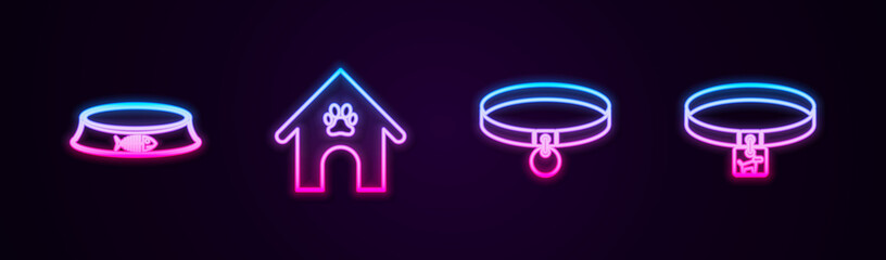Set line Pet food bowl, Dog house and paw print pet, Collar and collar. Glowing neon icon. Vector