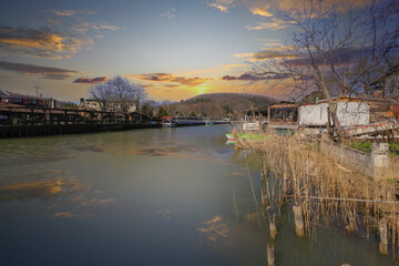 Fototapeta premium (Ağva, Şile, İstanbul, Turkey 23- February - 2021) A popular place and holiday destination on the Göksu river. Hotels and restaurants.