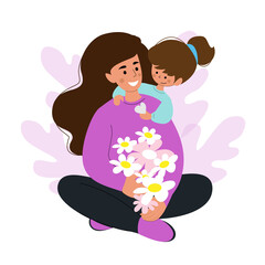 Young woman with children on a white background. Greeting card for Mother's Day. Vector illustration flat style
