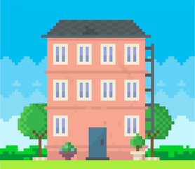 House surrounded by green spaces and plants. Building with many windows for pixel game design