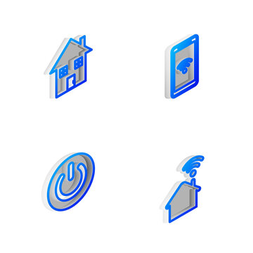 Set Isometric line Mobile with wi-fi wireless, House, Power button and Smart home icon. Vector