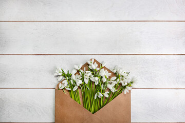 Bouquet of snowdrops Galanthus nivalis lies in a craft envelope on a light wooden background