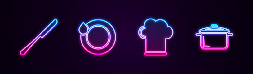 Set line Knife, Washing dishes, Chef hat and Cooking pot. Glowing neon icon. Vector