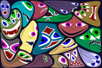 A set of color images of monsters on a dark background, an illustration for wallpaper on the wall and other purposes.