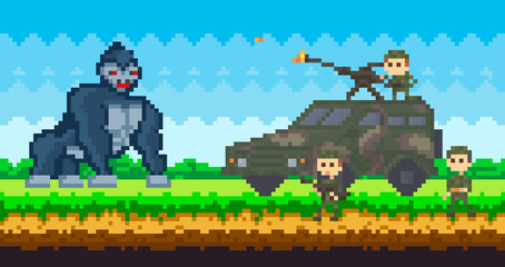Pixel machine with military fighting big monkey. Pixel-game scene with soldiers, war automobile