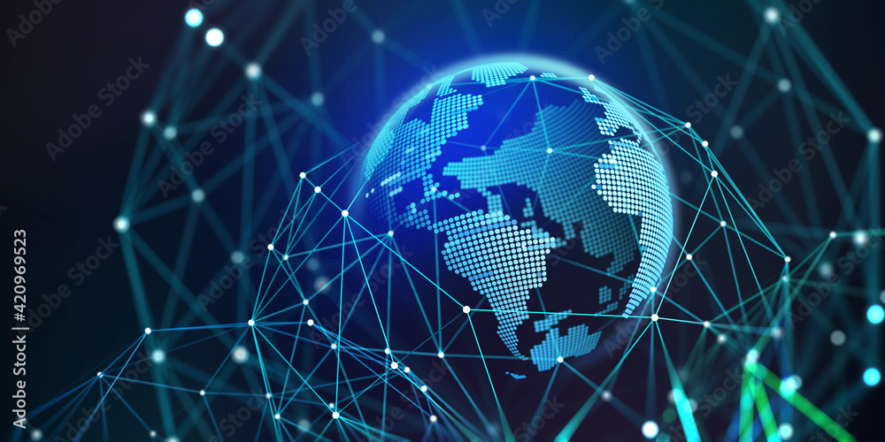 Poster Holographic globe in a polygonal mesh 3D illustration. Business globalization, digital data planet, cyber security in the network. Online sales and marketing