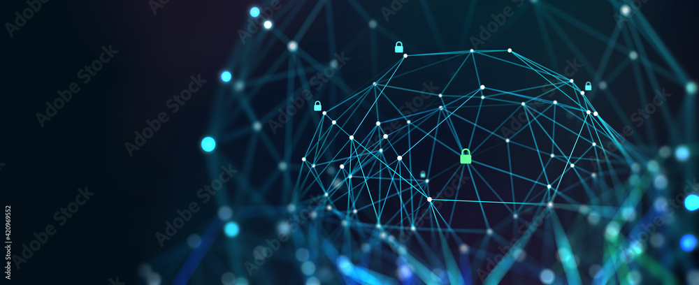Poster online cybersecurity. neural network, artificial intelligence, social connections, digital database,