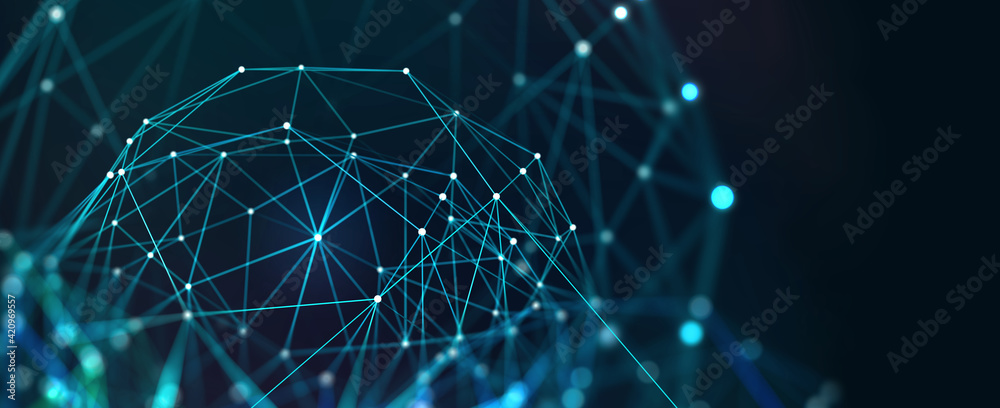 Poster neural network, artificial intelligence, social connections, digital database, polygonal mesh 3d ill