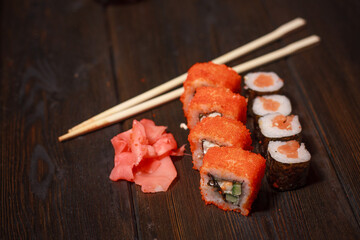 sushi rolls wooden sticks seafood filling delicacy asian food