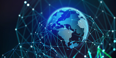 Holographic globe in a polygonal mesh 3D illustration. Business globalization, digital data planet, cyber security in the network. Online sales and marketing