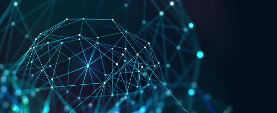 Neural network, artificial intelligence, social connections, digital database, polygonal mesh 3D illustration