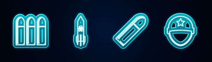 Set line Bullet, Biohazard rocket, and Military helmet. Glowing neon icon. Vector