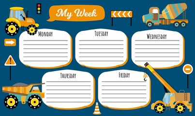 School timetable template for 5 days a week for students. Includes hand-drawn construction vehicles. © Helga KOV