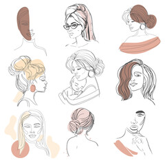 A set of girls drawn by one line. Fashion trend. Vector illustration