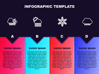 Set line Cloud with rain and lightning, Fog cloud sun, Snowflake and snow. Business infographic template. Vector