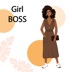 Beautiful illustration with african american girl, tropical leaves and the inscription girl boss. Office worker concept on a white background