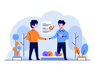 Vector Illustration Business and finance man doing contract agreement work submission of employment deal handshake flat and outline design style