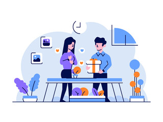 Vector Illustration Business finance man women giving gifts getting prizes customer flat and outline design style