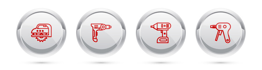 Set line Electric circular saw, drill machine, cordless screwdriver and hot glue gun. Silver circle button. Vector
