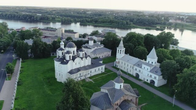 Aerial View of Russian Orthodox white-stone Church. Russia, Velikiy Novgorod. Novgorod Detinets also Novgorod Kremlin