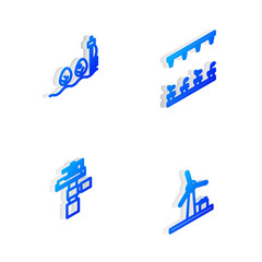 Set Isometric line Automatic irrigation sprinklers, Standalone sensor and plant, and Wind turbine icon. Vector