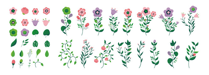 Vector flower collection - Big set of flowers and plants, colourful and beautiful. Flat design Illustration.