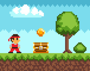 Pixel-game ninja male character. Pixelated natural landscape with warrior near golden coin and chest © robu_s