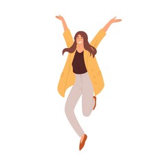 Happy woman jumping up from joy and success. Rejoicing employee celebrating achievement and victory. Delighted successful person. Colored flat vector illustration isolated on white background