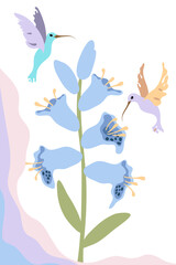 Fototapeta na wymiar Colibri and abstract blue bell flower. Little hummingbirds fly. Isolated. Cartoon style.