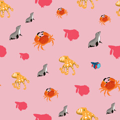 Obraz premium Sea creatures vector repeat pattern on pink background