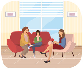 Conversation between mother, son and female psychologist. People quarrels in consultation
