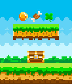 Pixel game interface layout design with coin leaf chest and meat bone. Pixel 8 bit retro video game