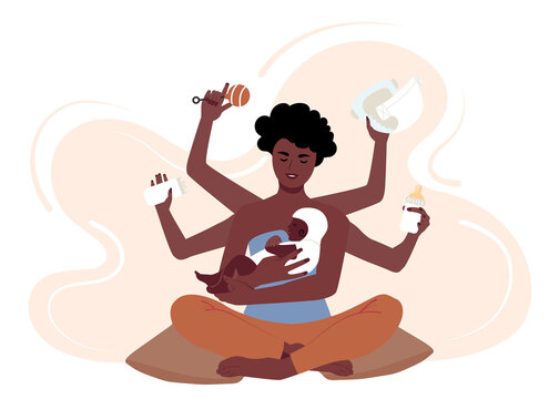 Busy African American Mother Taking Care Of Her Child. Multitasking Black Mom With Six Hands Changes Diapers, Feeds, Puts Her Baby To Bed. Flat Vector Illustration