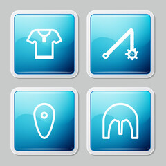 Set line Body armor, Medieval chained mace ball, Shield and iron helmet icon. Vector