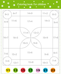  Mathematical coloring book for children. Addition examples. Worksheet