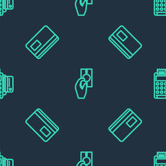Set line Hand holding money, Credit card and POS terminal with credit on seamless pattern. Vector