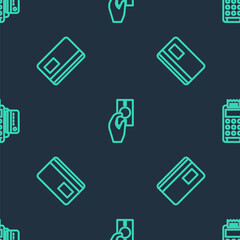 Fototapeta premium Set line Hand holding money, Credit card and POS terminal with credit on seamless pattern. Vector