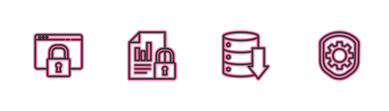 Set line Secure your site with HTTPS, SSL, Server, Data, Web Hosting, Document and lock and Shield settings gear icon. Vector