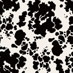 Animal seamless pattern. Cow hide. Animal skin texture with black spots on a white background. Mammals Fur. Leather print. Camouflage predator. Vector illustration. 